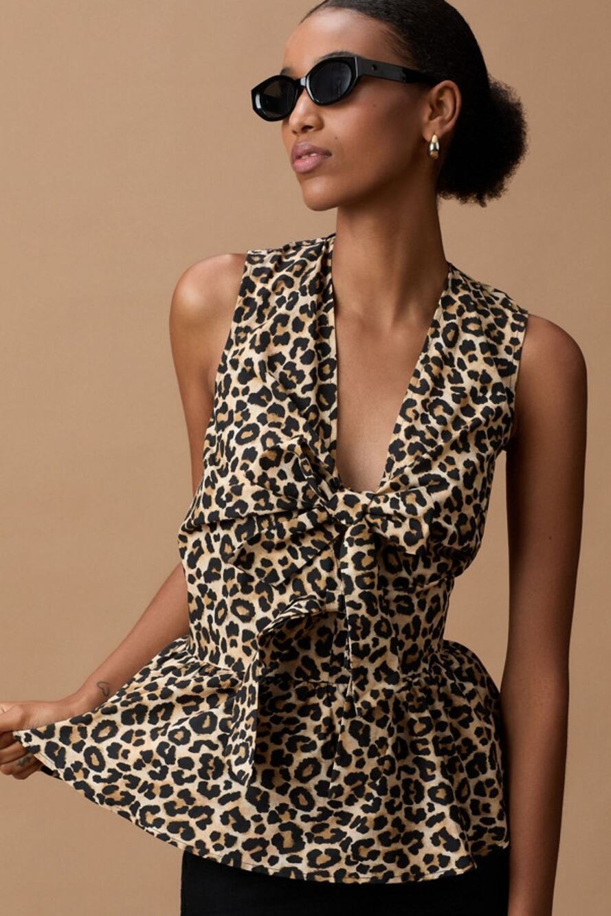 NWT Maeve Anthropologie Leopard Print Peplum Tie Front Top XS 100% Cotton